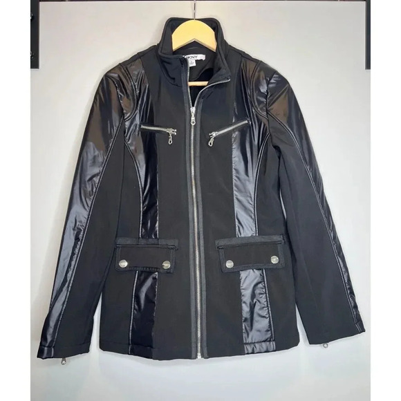Dkny Jackets & Blazers - DKNY black faux leather mixed media jacket coat moto button spandex size Small